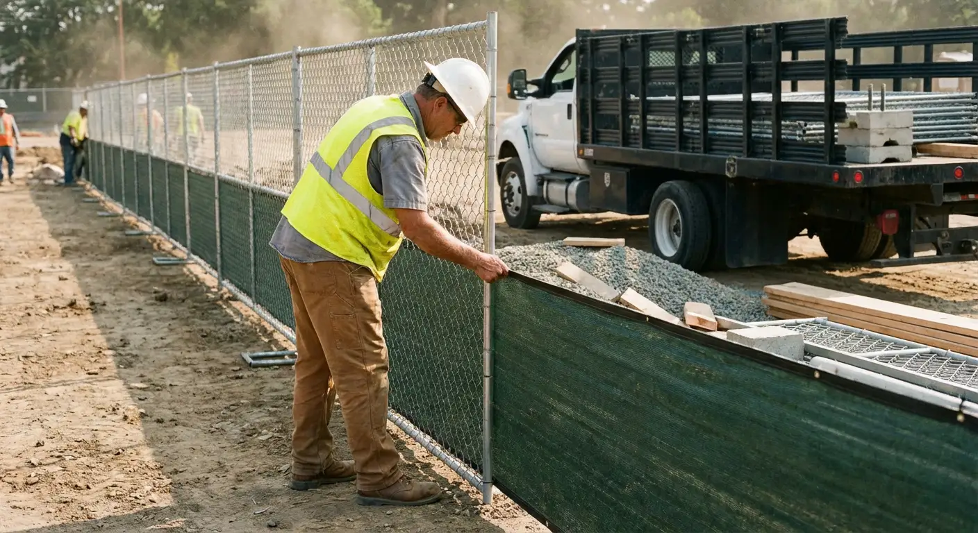 Privacy windscreen installation on construction fence in Union City, CA